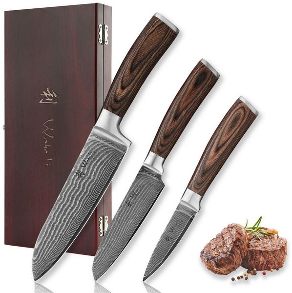 Wakoli Messer-Set Edib 3er Damastmesser-Set I Kochmesser Küchenmesser I 8 -17cm Klingen (Küchenmesser Set in Holzbox, 3-tlg, 1x Santoku, Santoku klein, Spickmesser), VG10 Kern, langanhaltende Schärfe
