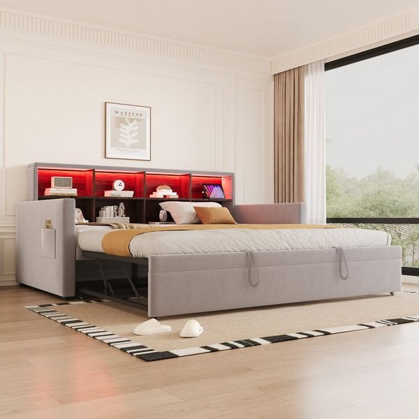 Flieks Daybett, LED Polsterbett 90/180x190cm mit Ausziehbett, Staufächern und Aufladen