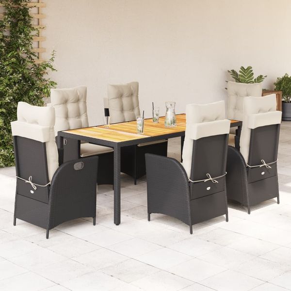 vidaXL 7-tlg. Garten-Essgruppe mit Kissen Schwarz Poly Rattan 3213091