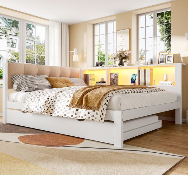 Bett 140×200 cm aus Kiefernholz mit Ausziehbett, LED-Beleuchtung und USB-Anschluss, weiß