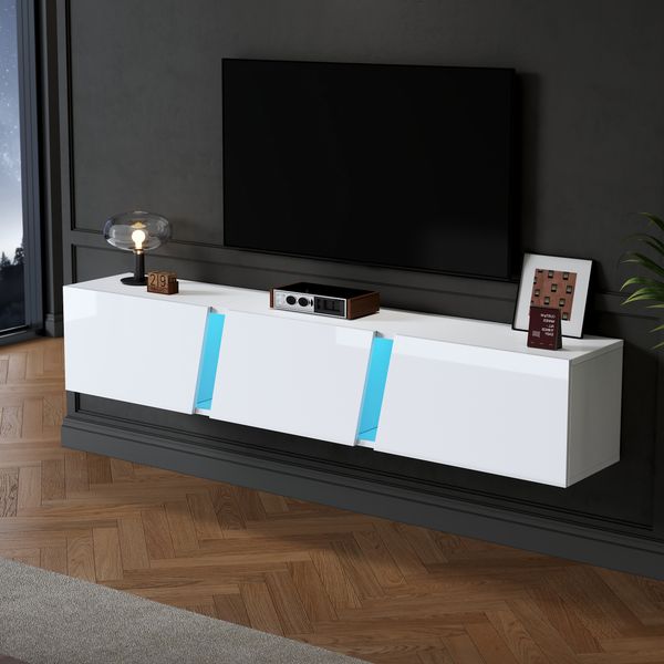 TV-Schrank 180x35x30 cm, wandmontiert, Weiß Hochglanz, mit LED-App-Steuerung und 3 Klapptüren