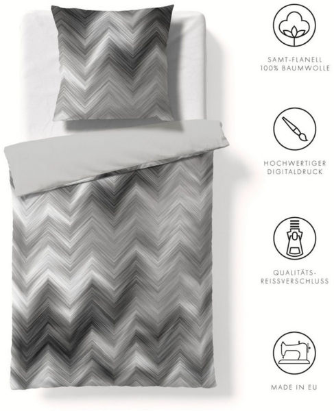Fleuresse Valencia Samt Flanell Bettwäsche 135x200 Wende Zickzack grau 584384-1