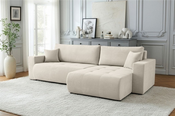 Ecksofa Schlafsofa Sofa ARMARI in Stoff Wind Creme Ottomane Links