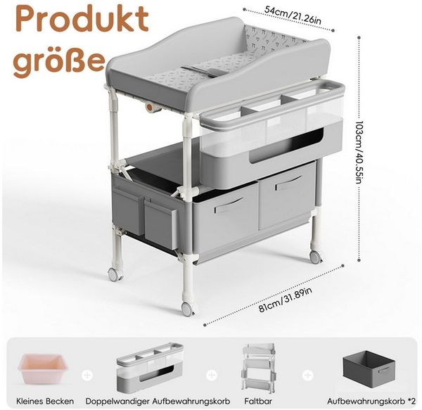 TWSOUL Wickeltisch Klappbarer 5-fach Höhenverstellbare Wickeltisch Wickelkommode, mit Schubladen Rollen, Stauraum, bis 65kg Für Babys & Kleinkinder
