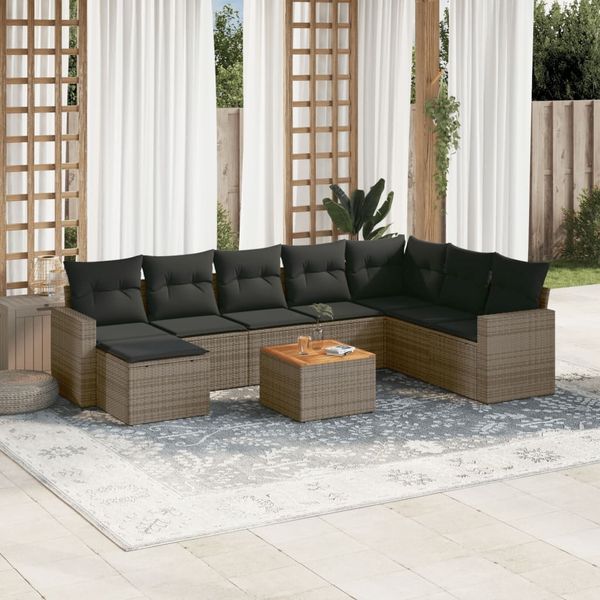 vidaXL 9-tlg. Garten-Sofagarnitur mit Kissen Grau Poly Rattan 3257033