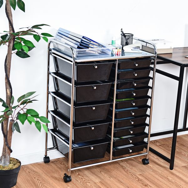 Rollwagen mit 15 stapelbaren Schubladen Rollcontainer Beistellwagen Farbig/Schwarz 63 x 37 x 87 cm-Schwarz