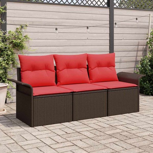 vidaXL Sofa Set mit Kissen 3 pcs Braun und Rot Poly-Rattan 3345224