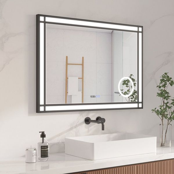 AQUABATOS LED-Lichtspiegel Badezimmerspiegel LED Badspiegel mit Beleuchtung 3-fach Vergrößerung, Kosmetikspiegel,mit Touch,Digitaluhr,Beschlagfrei,Kaltweiß,Wandspiegel