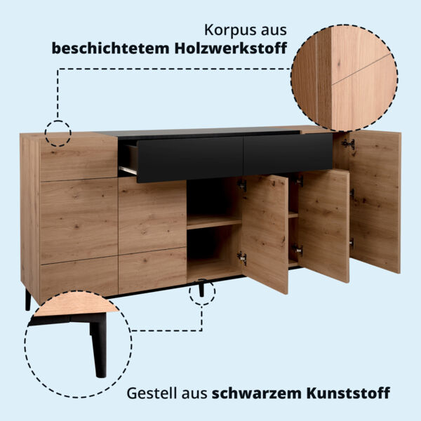KHG Sideboard mit 2 Schubladen 12 Fächern & 5 Drehtüren modern, aus Holzwerkstoff Holzoptik lackiert, Gestell & Akzente in schwarz - 180 x 90 x 42 cm (B/H/T)