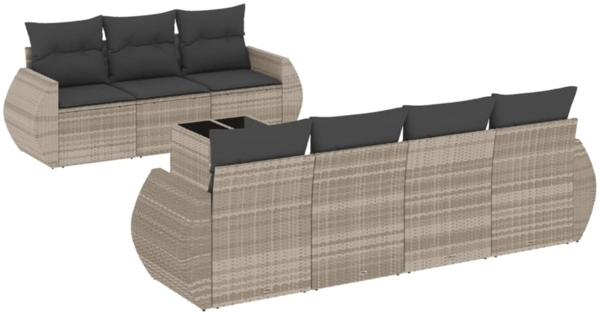 vidaXL 8-tlg. Garten-Sofagarnitur mit Kissen Hellgrau Poly Rattan 3221131