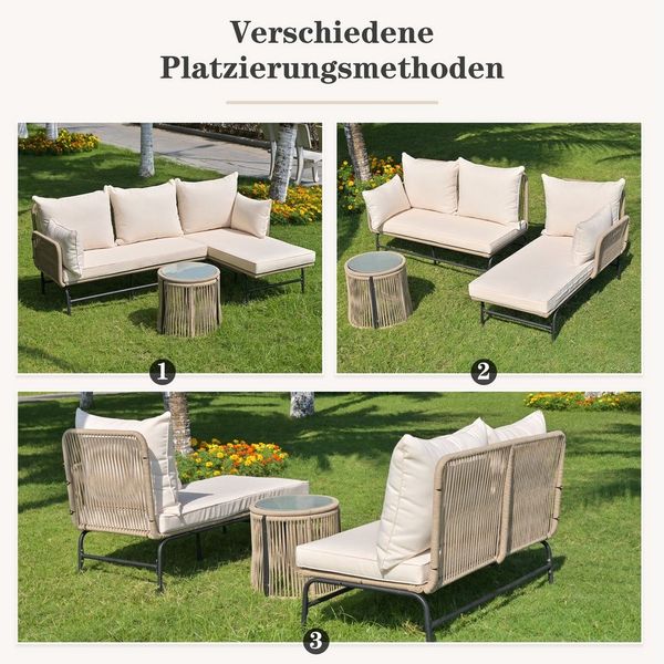 IDEASY Gartenlounge-Set L-förmiges Design, Mit Tisch, Eisengestell, Beige Seilbezug, Für Terrasse, Balkon, Garten - Gartenmöbel aus gewebtem Seil