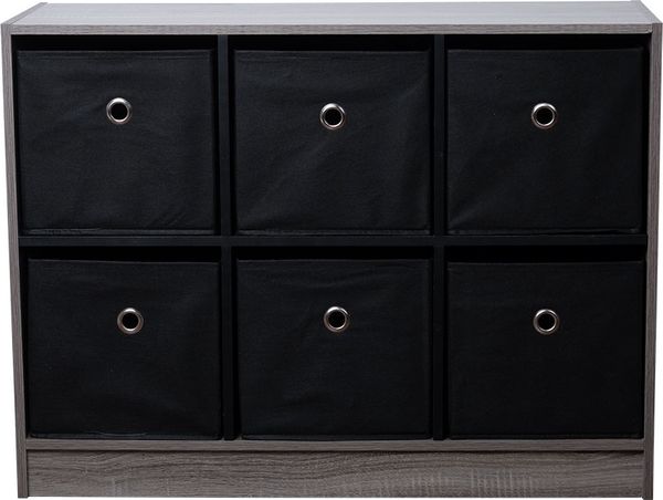 Kinderregal, Holz, schwarz grau, 6 Fächer + Stoffboxen, B 80 cm