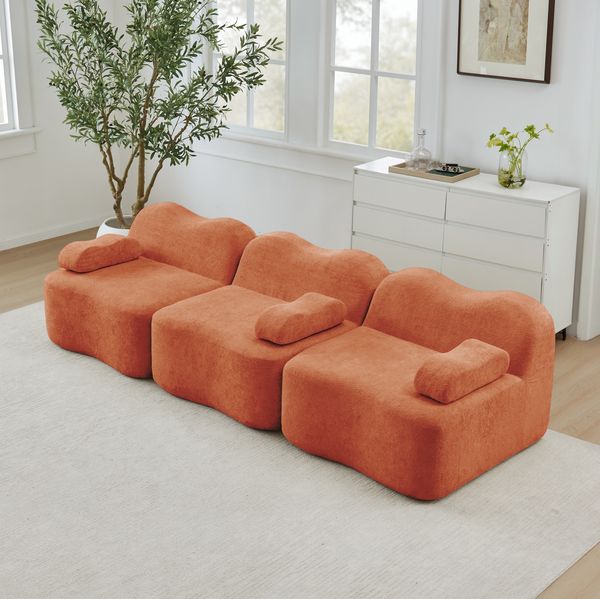 3-Sitzer Sofa modular, 70cm×288cm×98cm, rahmenlos, aus Samt in Orange – Wohnzimmersofa mit tiefer Sitzfläche