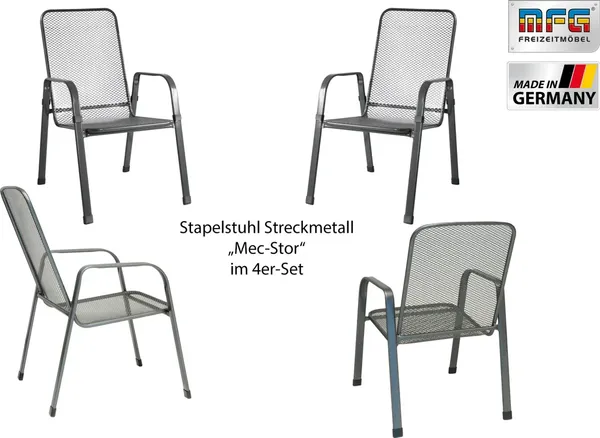 MFG 'Mec-Stor' Streckmetall-Stapelstuhl 4-er Set, Metall anthrazit, 96 x 73 x 57 cm