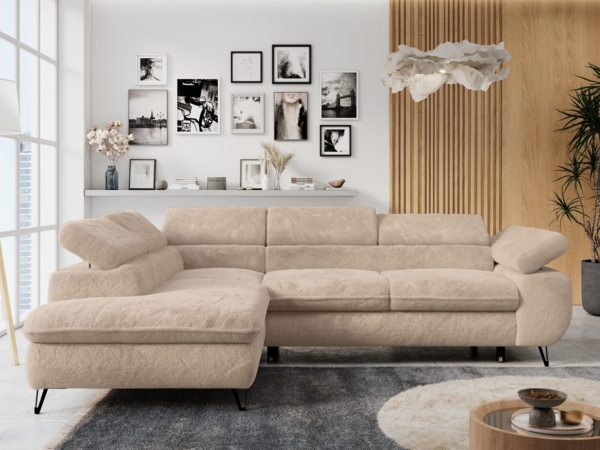 Ecksofa mit Bettfunktion, Modern Sofa, L-form, Einstellbare Kopfstützen, Bettkasten - PETER - Beige Plüsch - Topper T25 - links