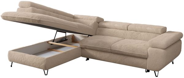 Ecksofa mit Bettfunktion, Modern Sofa, L-form, Einstellbare Kopfstützen, Bettkasten - PETER - Beige Plüsch - Topper T25 - links Bild 3