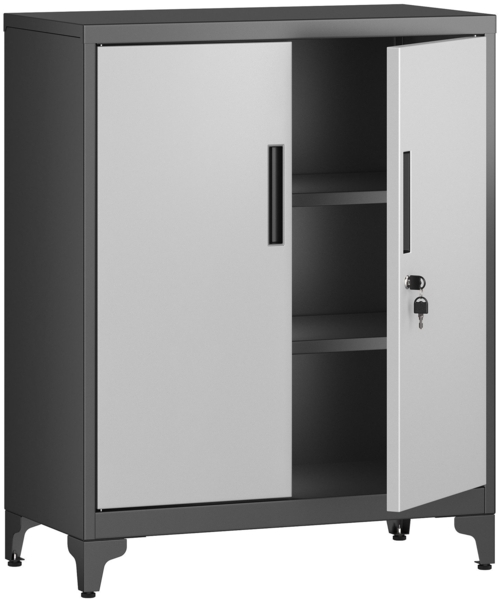 Songmics Aktenschrank, Mehrzweckschrank, Büroschrank mit 2 Türen, Schrank abschließbar, Aufbewahrungsschrank aus Stahl, für Arbeitszimmer, Wohnzimmer, silbern-schwarz OMC013S01