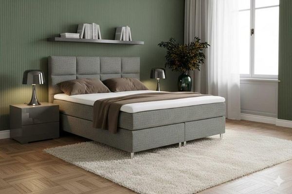 Boxspringbett Boxbett MIAMI 140x200 cm Webstoff Grau mit 7 Zonen Taschenfederkern-Matratze mit Visco-Topper