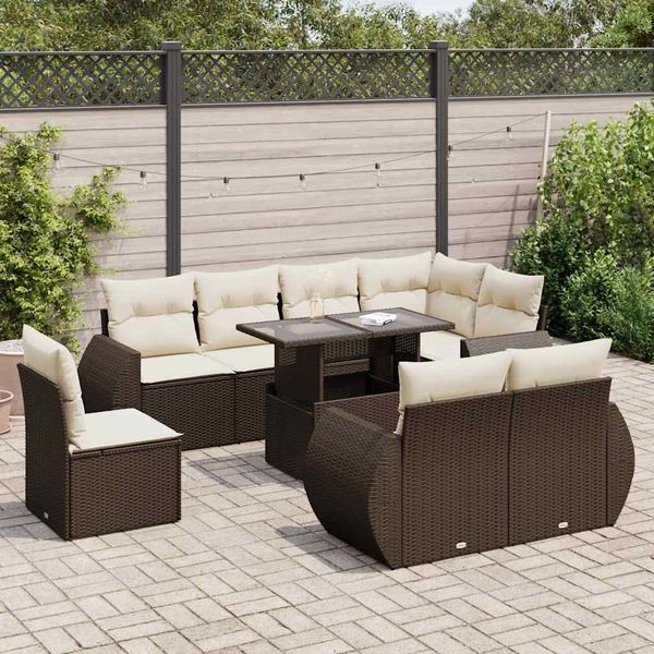 vidaXL 9-tlg. Garten-Sofagarnitur mit Kissen Braun Poly Rattan 3326664