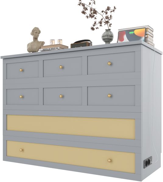 Bett Schrankbett 140x200 cm – umbaubares Plattformbett aus MDF und Kiefernholz mit großem Stauraum, Schublade und USB, Grau Bild 7
