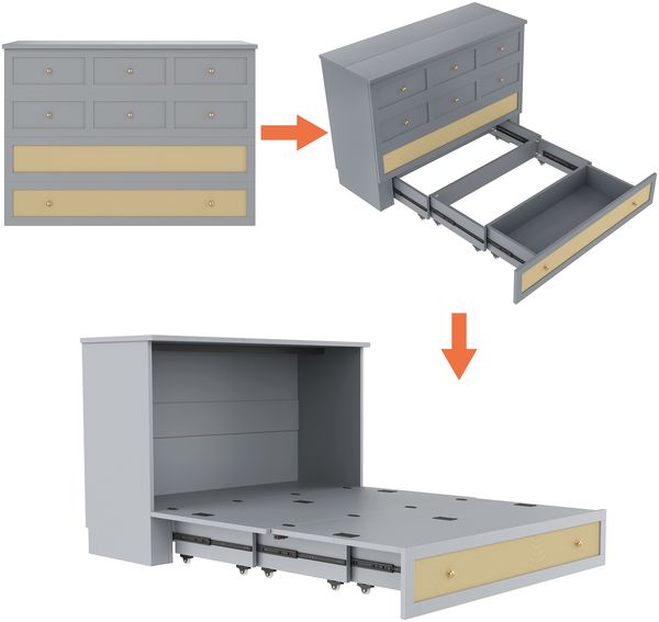 Bett Schrankbett 140x200 cm – umbaubares Plattformbett aus MDF und Kiefernholz mit großem Stauraum, Schublade und USB, Grau Bild 5