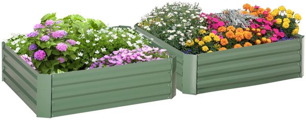 Outsunny Hochbeet Set, 2-TLG. Gartenbeet, Pflanzkasten, Blumenkasten, Pflanzkübel, Blumenkübel für Garten, Terrasse, Verzinkter Stahl, Grün, 100 x 100 x 30 cm