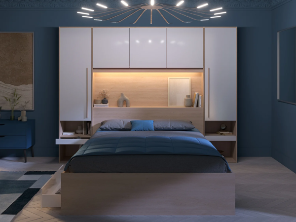 Vente-unique - Bett mit Stauraum 160 x 200 cm mit LED-Beleuchtung + Lattenrost - Holzfarben & glänzend weiß - VELONA Bild 5