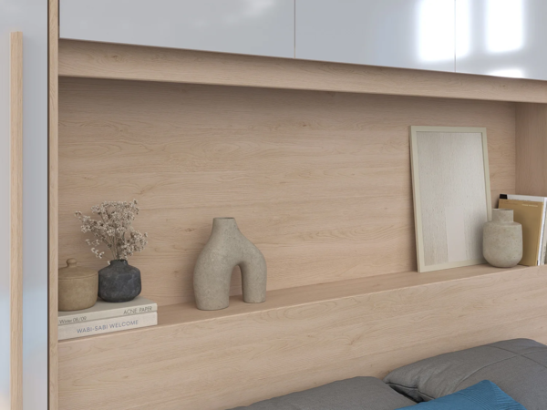 Vente-unique - Bett mit Stauraum 160 x 200 cm mit LED-Beleuchtung + Lattenrost - Holzfarben & glänzend weiß - VELONA Bild 7