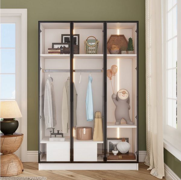 HT Eckkleiderschrank 3 Glastüren, 1 Schublade,1 Kleiderstange 10x50x160 cm mit LED-Licht (Spar-Set, Einstellbares RGB-LED-Lichtsystem) Turen aus gehartetem Glas klareSicht ausgestellten Gegenstäande