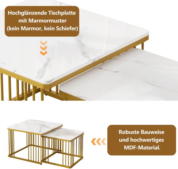 Couchtisch-Set, MDF mit Hochglanz-Marmoroptik, 60x60x45 cm & 45x45x40 cm, weiß Bild 4
