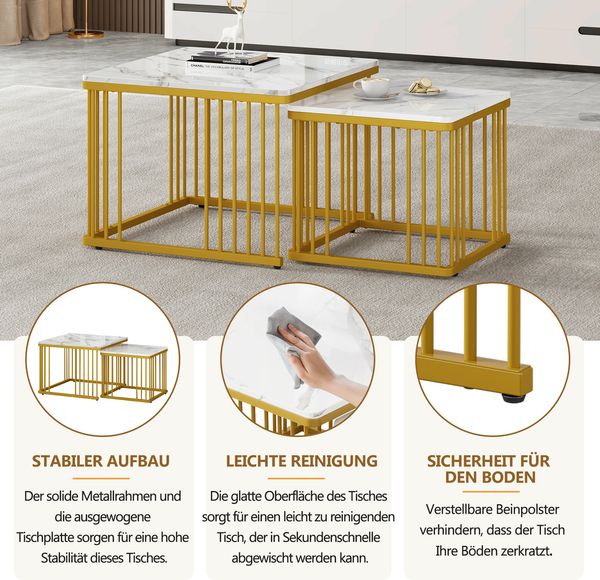Couchtisch-Set, MDF mit Hochglanz-Marmoroptik, 60x60x45 cm & 45x45x40 cm, weiß Bild 6