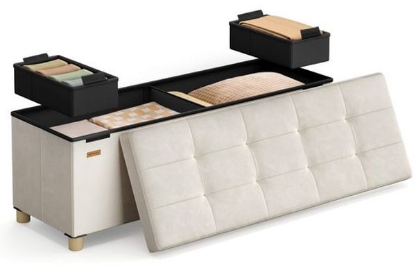 SONGMICS Sitzbank mit Stauraum, Hocker faltbar, 38 x 110 x 40 cm, Aufbewahrungsbox mit Deckel, Fußhocker 112 L, Samt, bis 300 kg belastbar, Flur Wohnzimmer Schlafzimmer