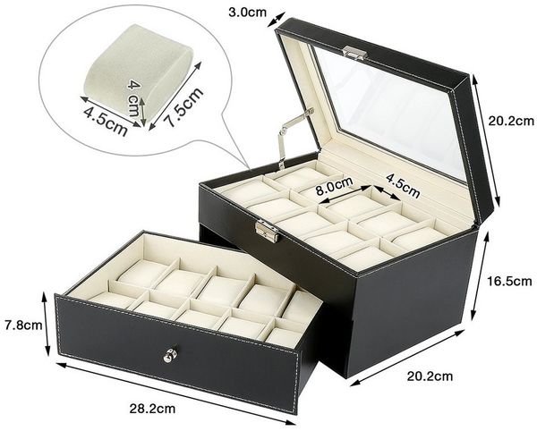 JEOBEST Geschenkbox Uhrenbox mit 20 Fächern, Uhrenkasten mit Glasdeckel, (1 St, 2 Ebenen) abnehmbare Polster, 1 Schublade