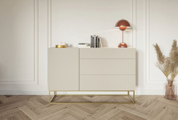 Selsey Veldio - Sideboard Kommode mit 3 Schubladen, Graubeige Taupe mit goldenem Metallgestell, 140 cm breit