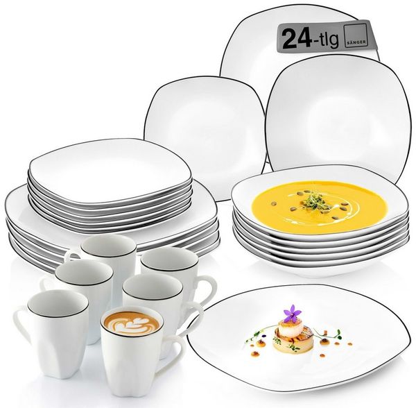 SÄNGER Tafelservice Bilgola Black Rim (24-tlg), 6 Personen, Porzellan, Weiß mit schwarzen Akzenten, spülmaschinenfest, Premium Collection