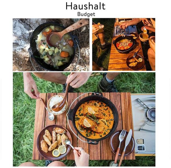Melko Feuertopf Kochkessel Dutch Oven aus Gusseisen Outdoorküche Feuertopf BBQ, Gusseisen (Stück), Der Deckel kann als Bratpfanne genutzt werden