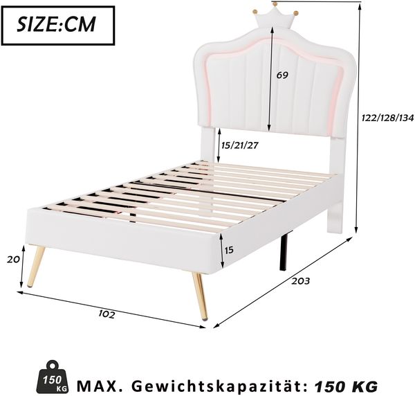 Merax Polsterbett 90x200 cm, weißes aus PU-Leder mit LED-Leuchten (Matratze nicht enthalten) Bild 9