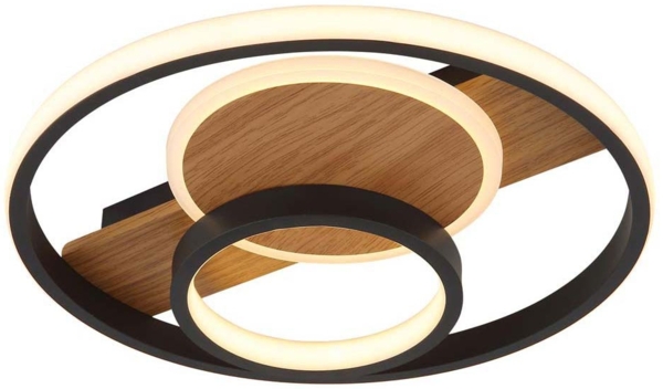 LED Deckenlampe, Metall schwarz, Kristalle, Holzoptik, D 34,5 cm