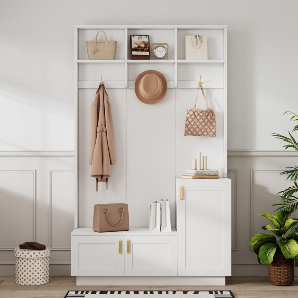 Moderne Garderobenbank Weiß mit Schuhbank und Ablagefläche Garderobenständer für Diele 200 cm Höhe Aufbewahrungsbank mit verstellbaren Einlegeböden và Kippsicherung Flursitzbank mit Kleiderhaken, 200cmx40cmx120cm, Weiß