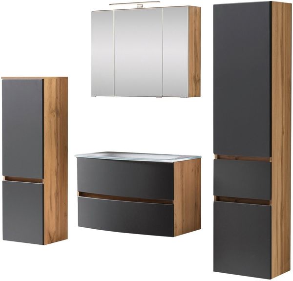 welltime Badezimmer-Set Kaunas, (Set, 4-St), Waschtisch-Set mit Midischrank und Seitenschrank, Breite 160 cm