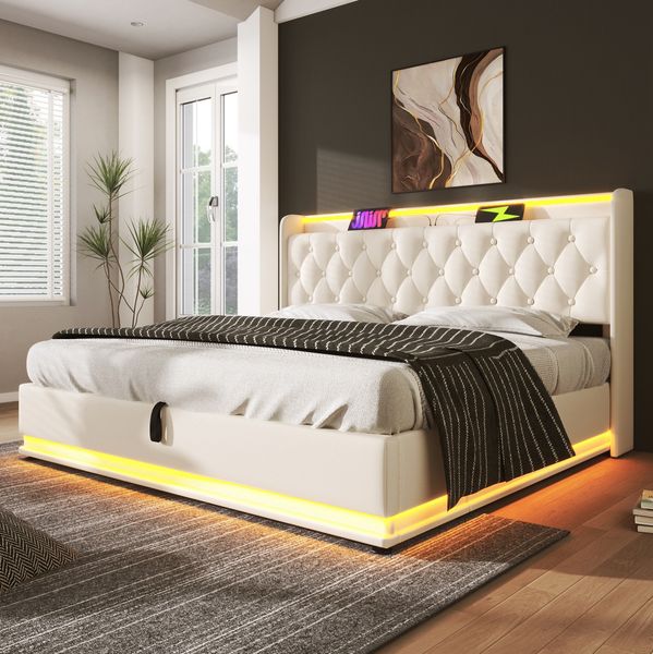Polsterbett 140x200 cm aus PU mit Stauraum und 360°-LED, USB- und Typ-C-Anschlüssen