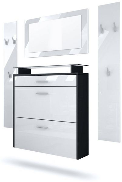 Vladon Garderobe Malea, Garderobenset bestehend aus 1 Hängeschuhschrank, 1 Wandspiegel und 2 Garderobenpaneele, Schwarz matt/Weiß Hochglanz