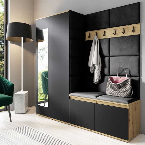 Jerpax Garderoben-Set CLEO, Moderner Kleiderschrank mit Polsterplatten und Schuhschrank – Ideal für Flur und Eingangsbereich (Artisan/Schwarz, Trinity 16), 185 x 40 x 190 cm