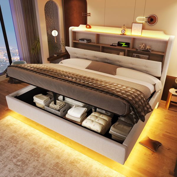 Merax Polsterbett, Doppelbett 180x200 cm, mit LED-Lichtleiste, hydraulischer Stauraum, Staufächer, schwebendes Design, USB- und Typ-C-Anschlüsse, Leinenstoff, Beige