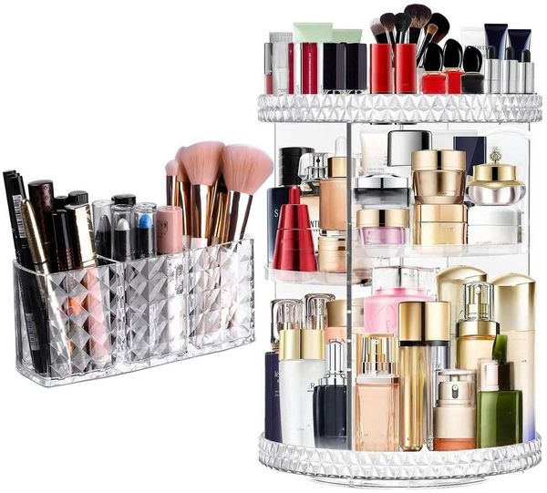 SURFOU Badorganizer Drehbarer Make Up Organizer Schminktisch Kosmetik Pinselhalter Set (360° Drehbarer Make-up Organizer Set,Kosmetikpinselhalter, Kristall Acryl Aufbewahrung, Schnelle Montage Parfüm Organizer, 2 St, Aufbewahrungsboxen mit mehreren Sch...