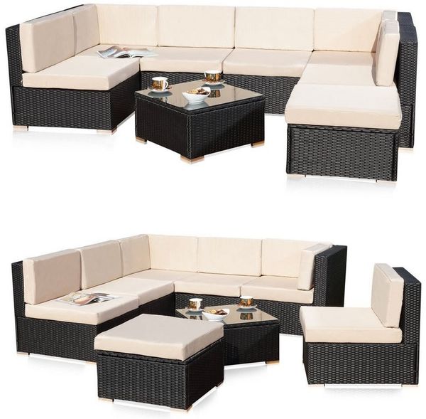 Feel2Home Garten-Essgruppe Gartensitzgruppe Terrassenmöbel Polyrattan Lounge versch. Farben, (Set, 1x Mehrteiliger Sofa 1x Ottomane 1x Tisch), Kissen inkl. Reißverschluss, daher abnehm- und waschbar
