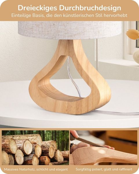 EDISHINE Nachttischlampe Höch 34cm Holz, LED wechselbar, warmweiß, Lampe mit Ein-/Ausschalter, E27 Fassung mit 2700K LED-Glühbirne