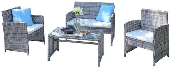 HTI-Living Gartenlounge-Set Outdoor Sofa mit Stühlen und Tisch, (Set, 4-tlg, 1x 2-Sitzer, 2x Sessel, 1x Tisch, inkl. Auflagen), Loungemöbel Gartenmöbel Terrassenmöbel