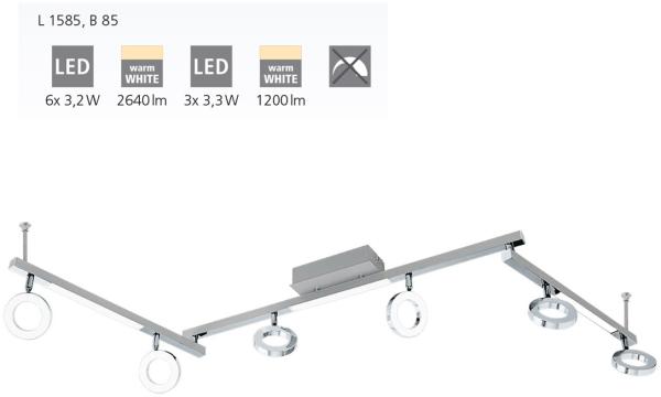 Eglo 96183 Spotleuchte CARDILLIO 1 Alu, Stahl Alu chrom, Kunststoff satiniert LED 6X3,2W;3X3,3W 3000K L:158. 5cm B:8. 5cm H:20cm