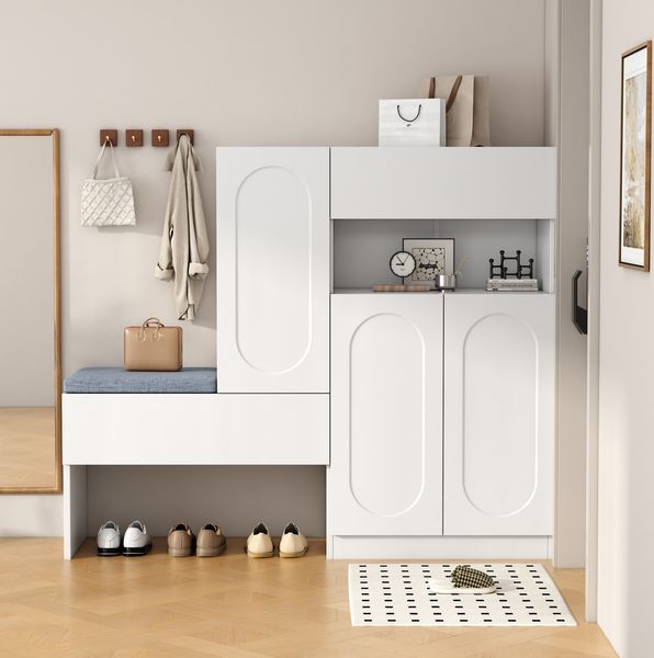 Weißer Schuhschrank mit Sitzbank und höhenverstellbaren Fächern 130 cm Moderner Schuhorganizer für Diele mit Soft Close Funktion Schuhregal Aufbewahrungsbank mit abnehmbarer Sitzauflage và Kippsicherung, 130cmx35cmx110cm, Weiß